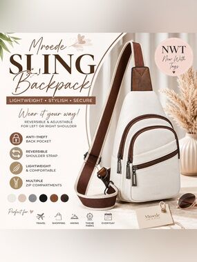NWT Mroede White & Brown Sling Backpack Crossbody Bag Anti-Theft Convertible Bag